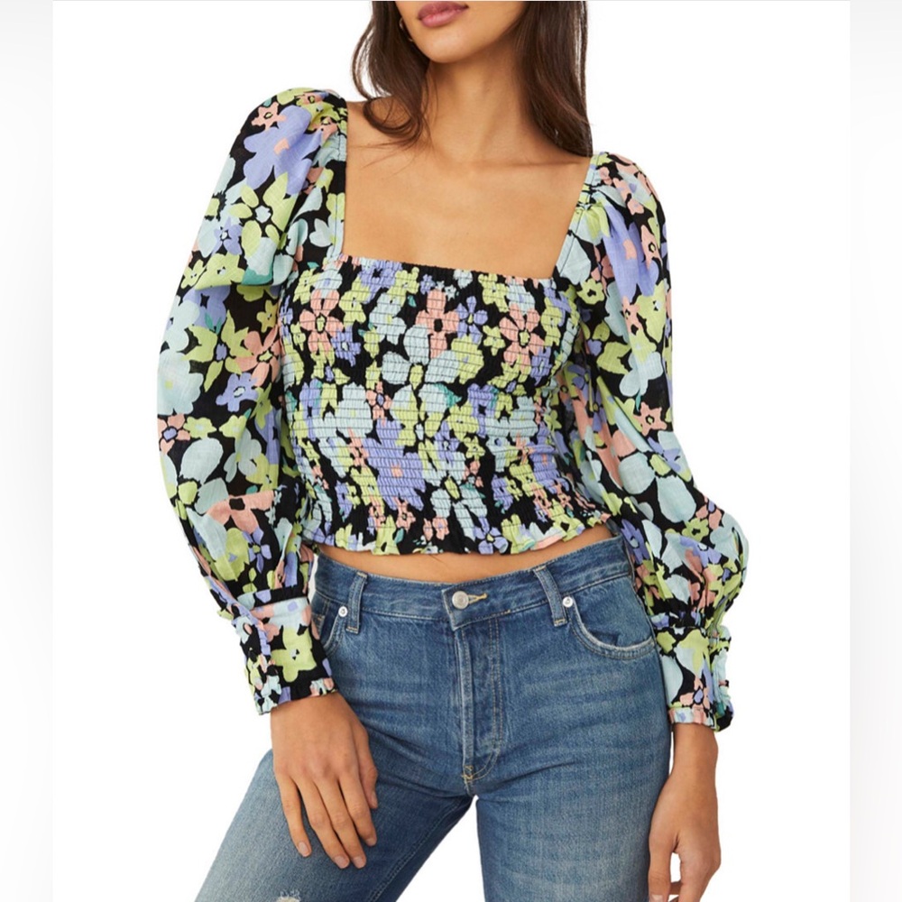 Free People Ariana Printed Floral Cropped Boho Blouse Women’s Size Medium